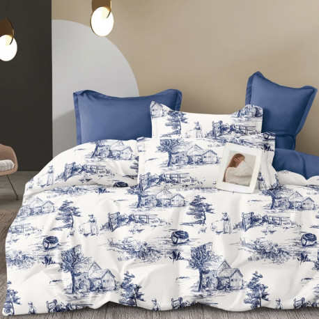HDC percale blanche aux motifs bleu discret, visuel d'ambiance de la housse de couette réversible