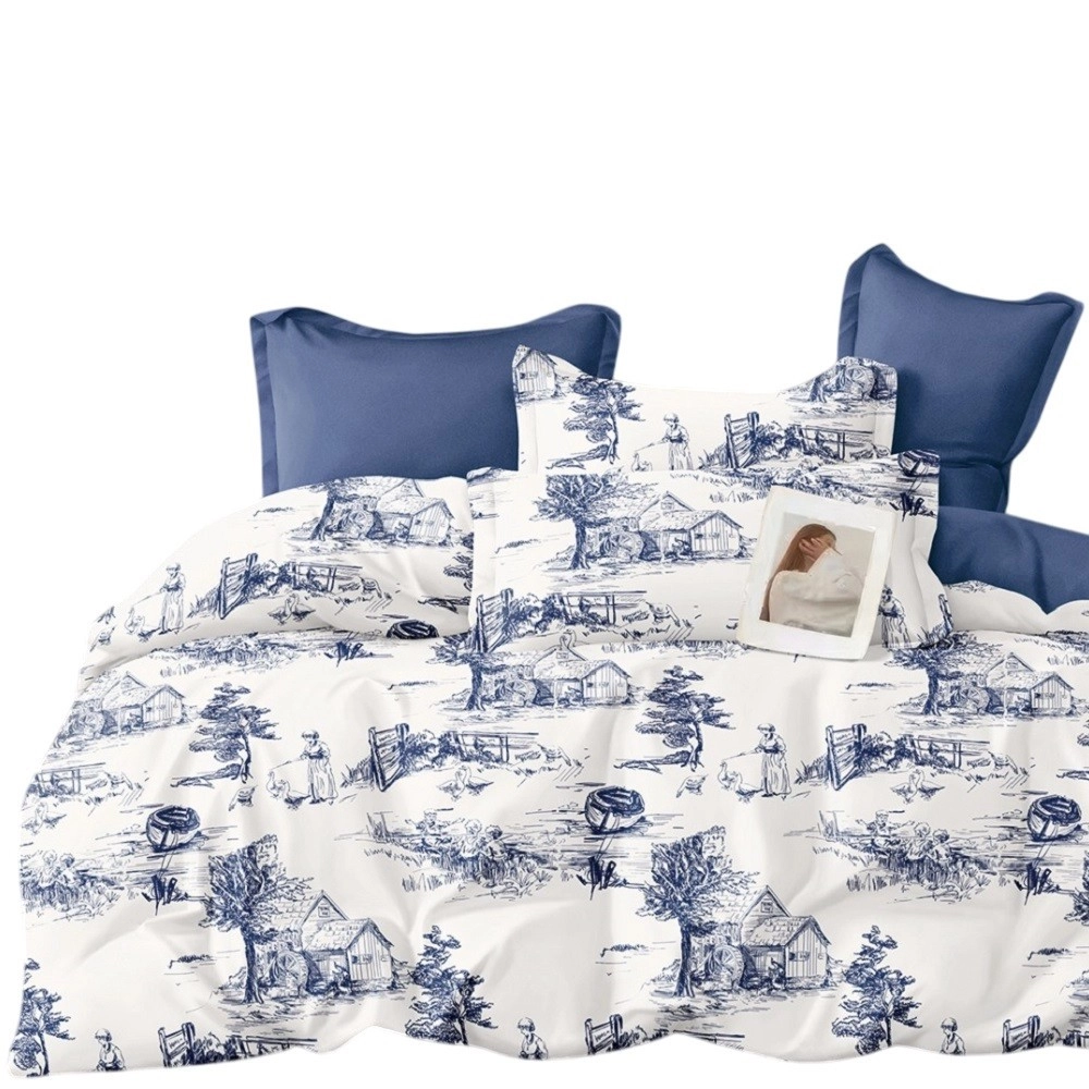 Housse de couette Campagne bleu nuit percale réversible 240x220 cm