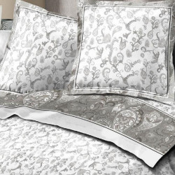 Visuel d'ambiance, parure de drap en flanelle fleuri gris pétale 4 pièces, motif florales