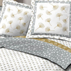 Visuel de la parure de drap ginko grise, jaune et blanche sur visuel d'ambiance, parure 4 pièces en flanelle