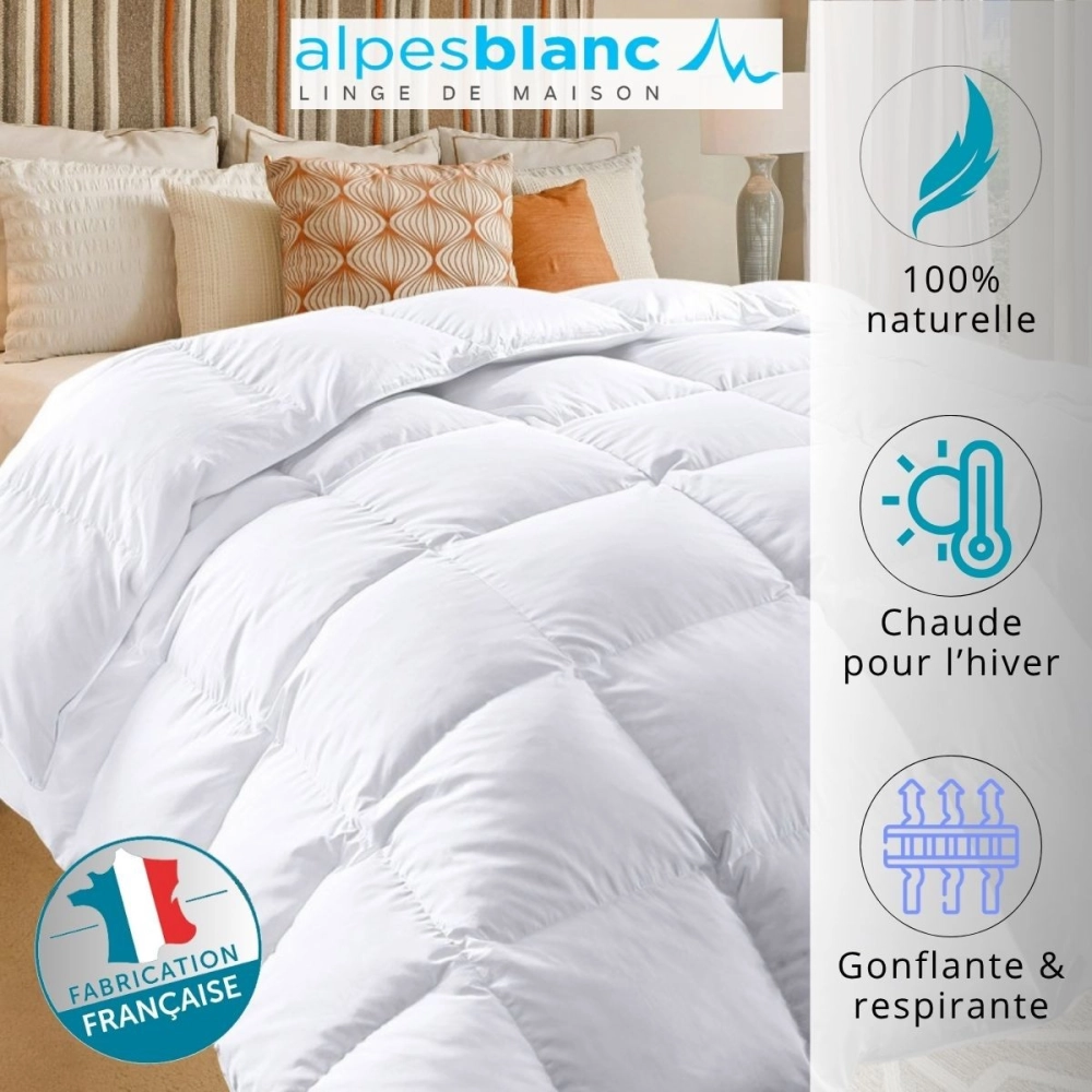 Couette Naturelle en Plume 360g/m² - 240x260 cm – Fabrication Française – Lavable - Chaude et Respirante - Garnissage Neuf