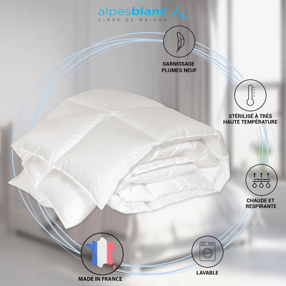 Couette Naturelle en Plume 360g/m² - 240x260 cm – Fabrication Française – Lavable - Chaude et Respirante - Garnissage Neuf