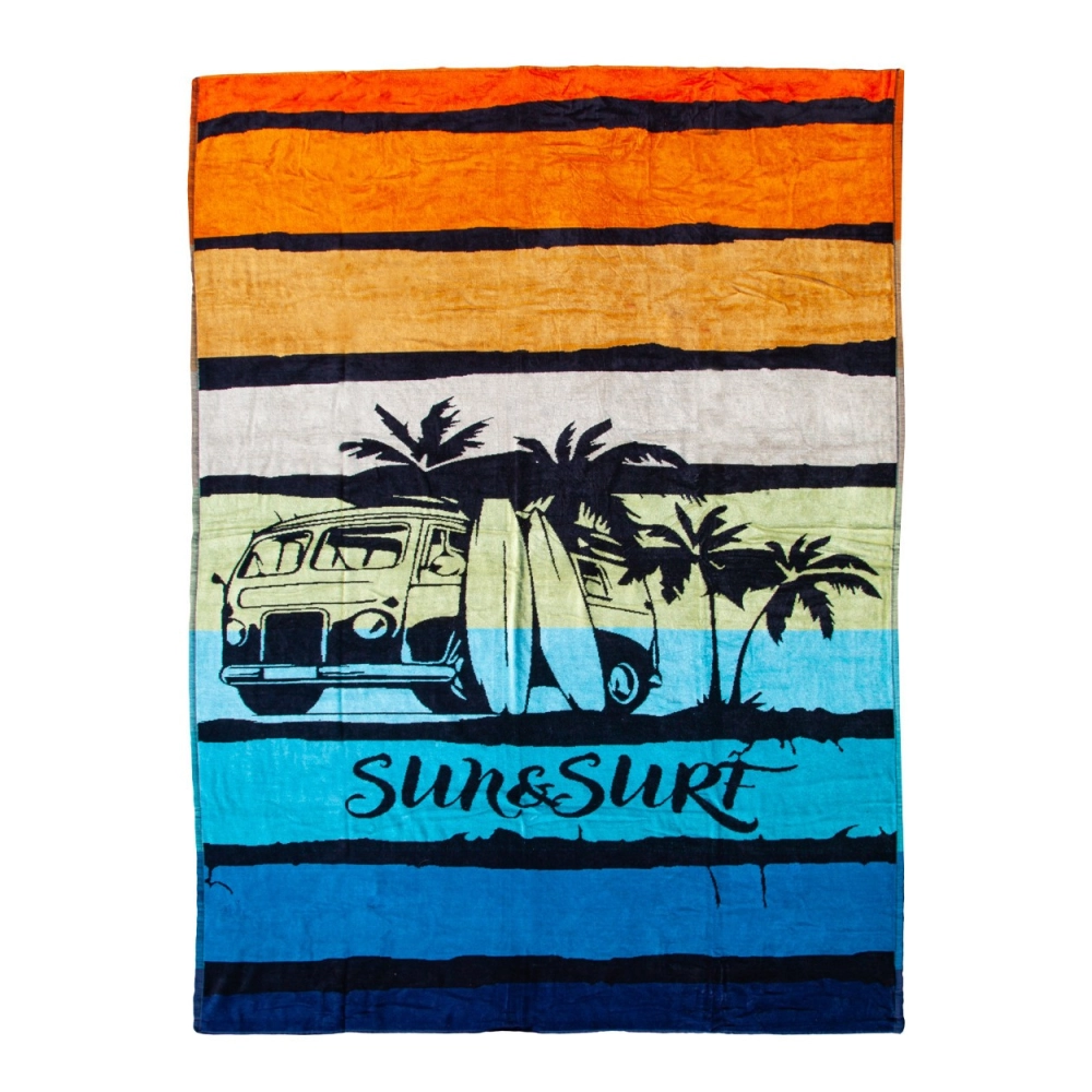 Serviette de plage Van orange rétro 90x170 cm - Coton jacquard, couleurs pastel vintages, douce, absorbante et durable