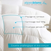 Couette Naturelle 90% Duvet neuf 300GR/m² - 240x260 cm - Fabrication française - Enveloppe 100% Coton - Chaude Légère Réspirante
