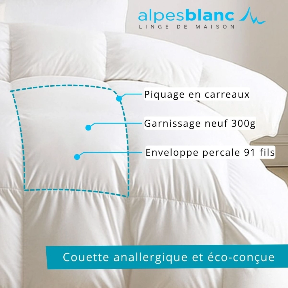 Couette Naturelle 90% Duvet neuf 300GR/m² - 140x200cm - Fabrication française - Enveloppe 100% Coton - Chaude Légère Réspirante