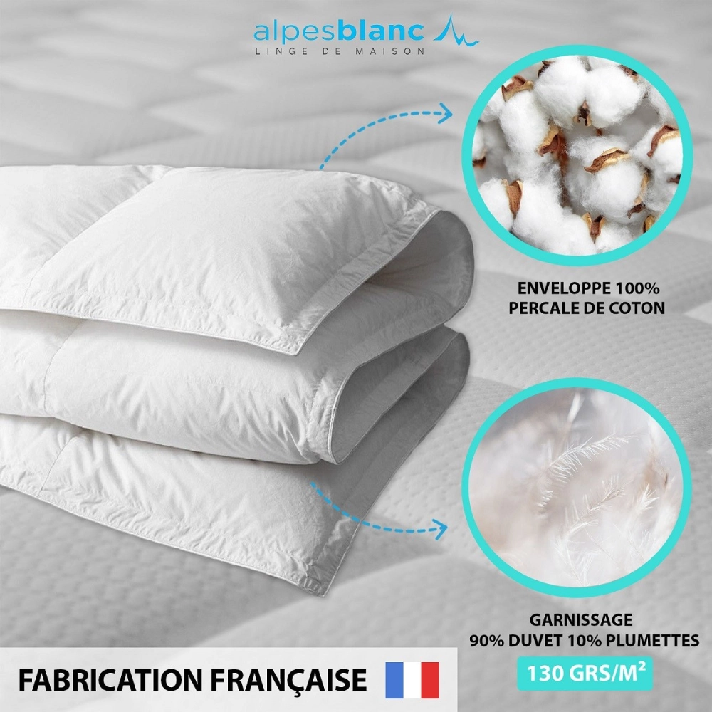 Couette été naturelle 130 g/m² - Fabrication française - 90% duvet de canard neuf – Légère, gonflante et respirante – Jumelable