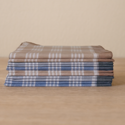 Pile de lot de 12 mouchoirs Trio Carreaux Bleu, Gris et Orange coton 50x50