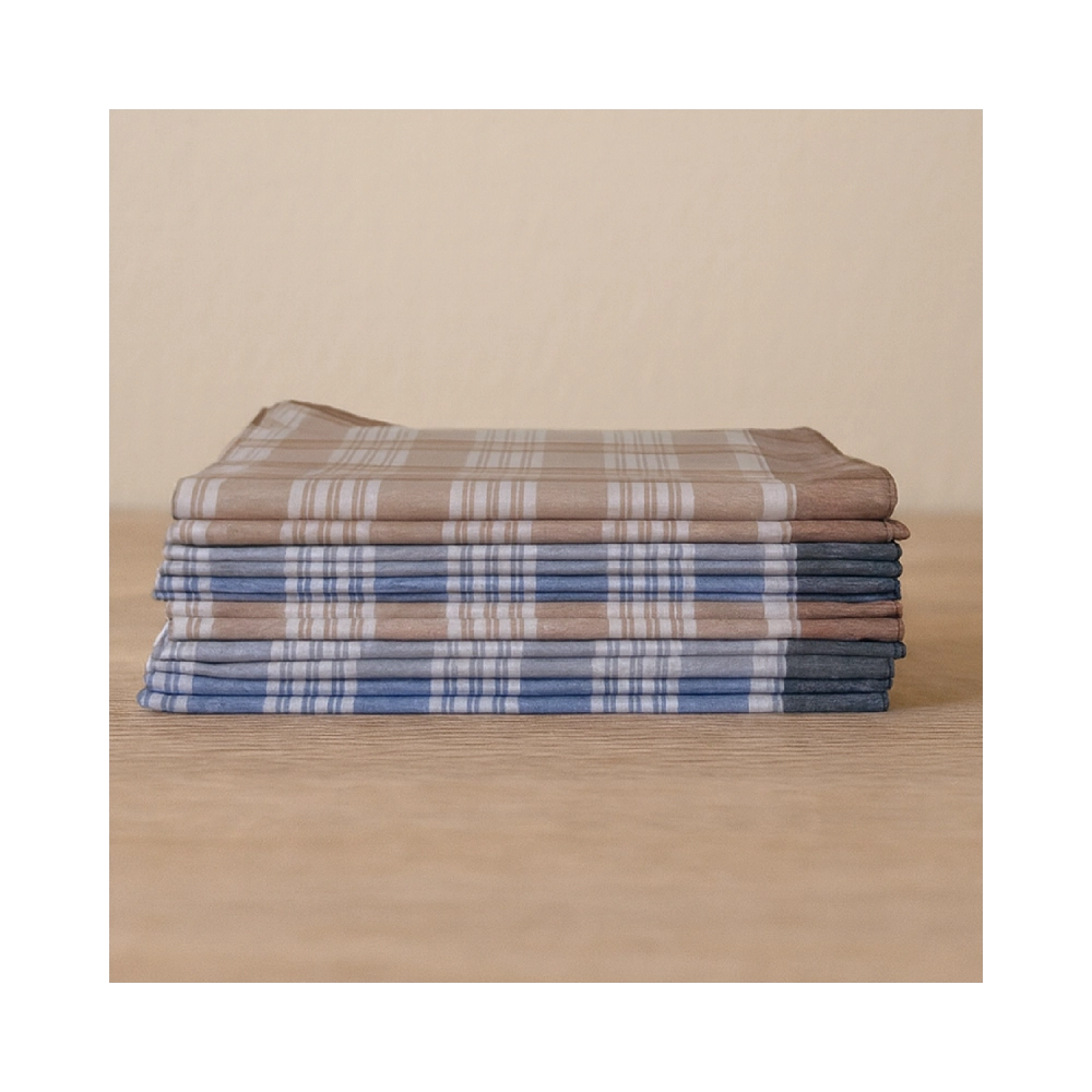 Lot de 12 mouchoirs quadrillés LUC - 100 % coton 50x50 cm - Doux, absorbants, réutilisables et colorés bleu, gris, orange