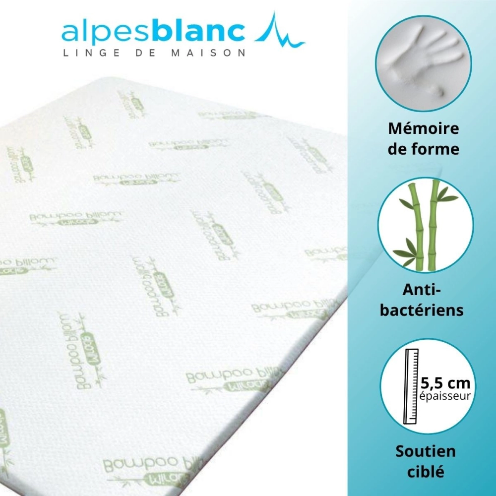 Surmatelas à mémoire de forme 5,5cm – Visco et fibres de bambou – Confort ergonomique – Anti-allergique – Déhoussable et lavable