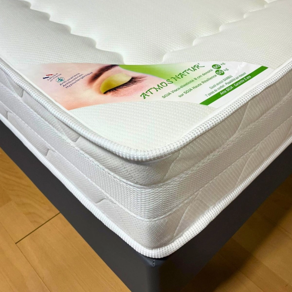 Matelas à mémoire de forme Atmos Nature - Épaisseur 23 cm, densité 55 kg/m³, accueil moelleux, Fabrication Française
