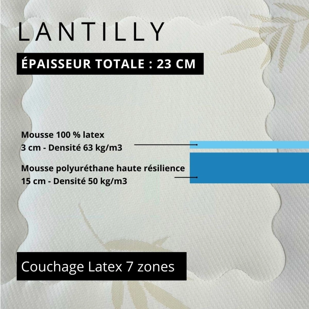 Matelas Lantilly - Couchage latex 23 cm, 7 zones, Confort ferme - Fabrication Française - Bambou bio et laine - Anti-acarien