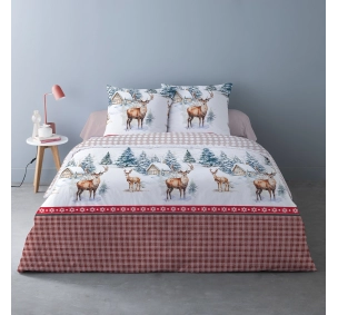 housse de couette 100% coton flanelle motif montagne 220x240cm sur lit visuel d'ambiance