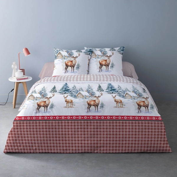 housse de couette 100% coton flanelle motif montagne 220x240cm sur lit visuel d'ambiance
