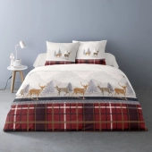 Housse de couette Formigal 240x220 cm + 2 taies - Motif cerfs et tartan rouge - 100 % coton flanelle, chaud et doux pour l’hiver