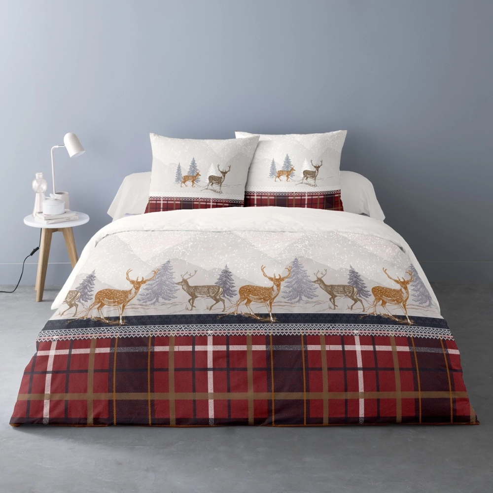 Housse de couette Formigal 240x220 cm + 2 taies - Motif cerfs et tartan rouge - 100 % coton flanelle, chaud et doux pour l’hiver