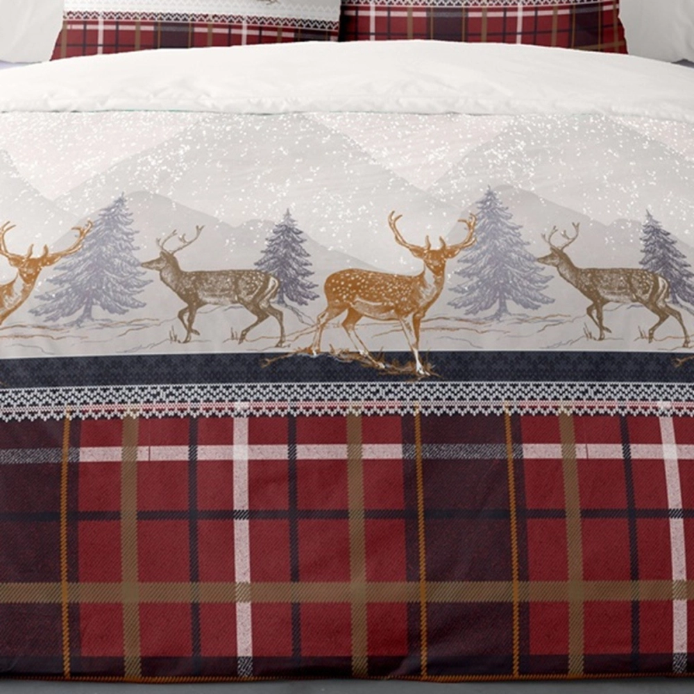 Housse de couette Formigal 240x220 cm + 2 taies - Motif cerfs et tartan rouge - 100 % coton flanelle, chaud et doux pour l’hiver