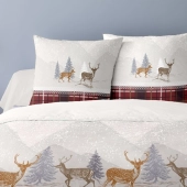 Housse de couette Formigal 240x220 cm + 2 taies - Motif cerfs et tartan rouge - 100 % coton flanelle, chaud et doux pour l’hiver