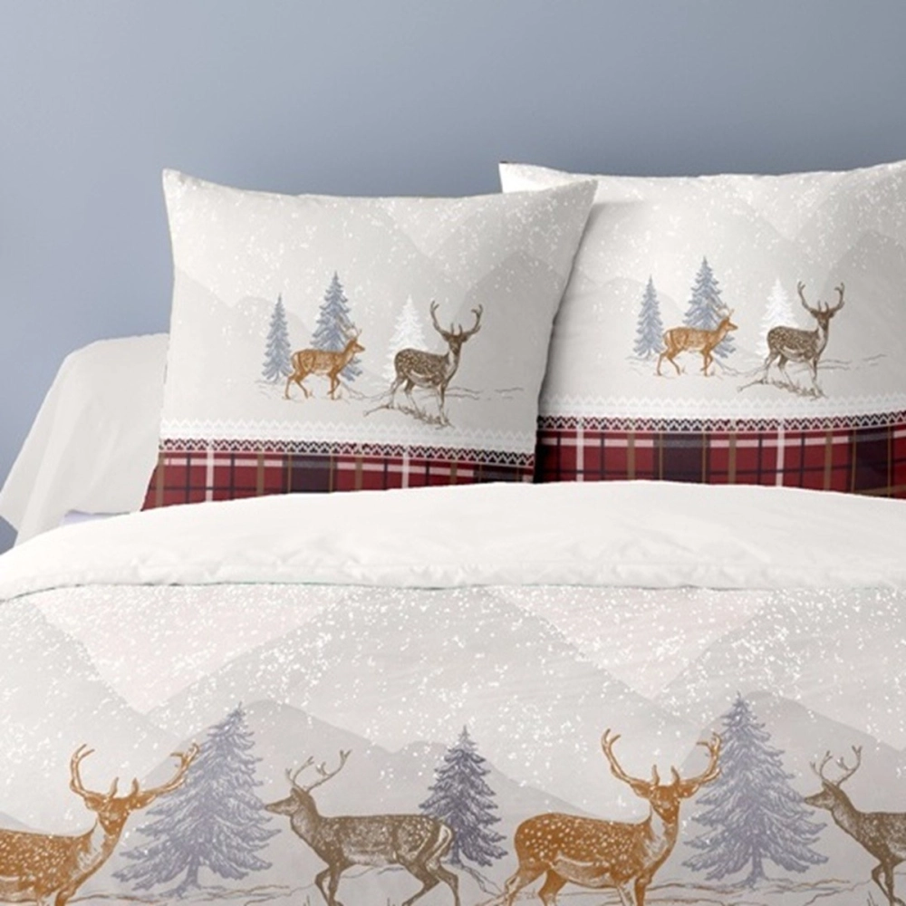 Housse de couette Formigal 240x220 cm + 2 taies - Motif cerfs et tartan rouge - 100 % coton flanelle, chaud et doux pour l’hiver