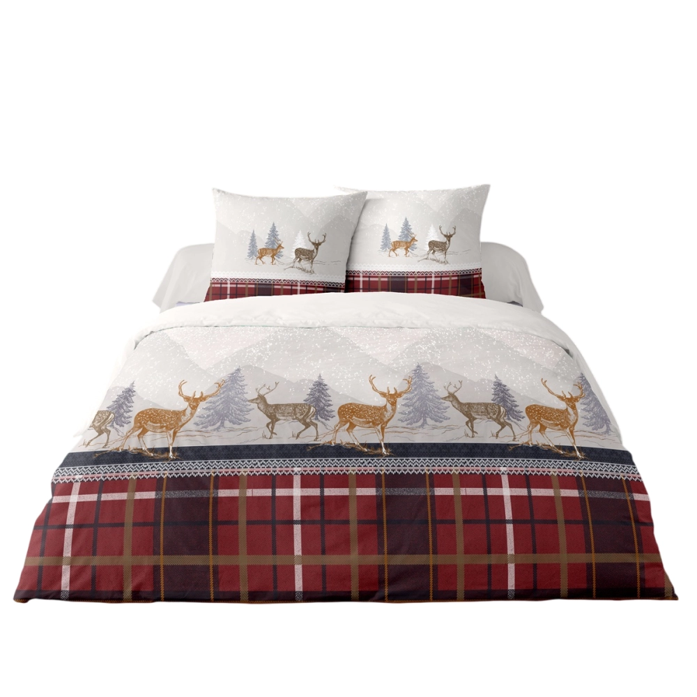 Housse de couette Formigal 240x220 cm + 2 taies - Motif cerfs et tartan rouge - 100 % coton flanelle, chaud et doux pour l’hiver