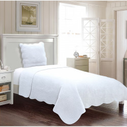 Couvre lit Boutis 1 place 180x240cm + 1 taie d'oreiller 65x65cm Blanc 100% coton