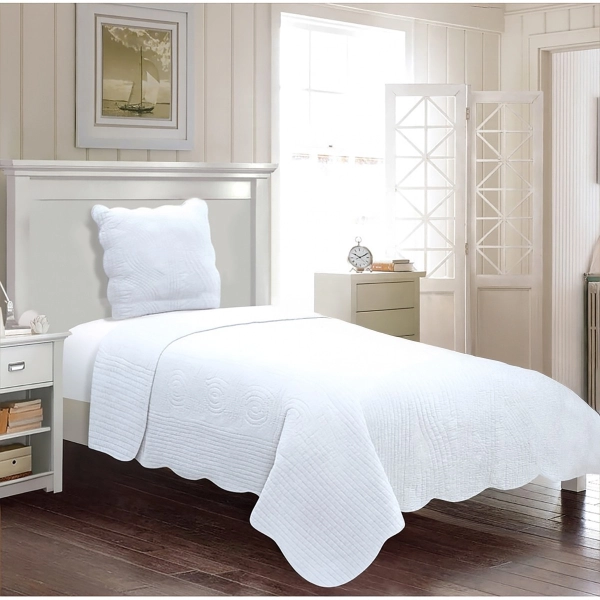 Couvre lit Boutis 1 place 180x240cm + 1 taie d'oreiller 65x65cm Blanc 100% coton