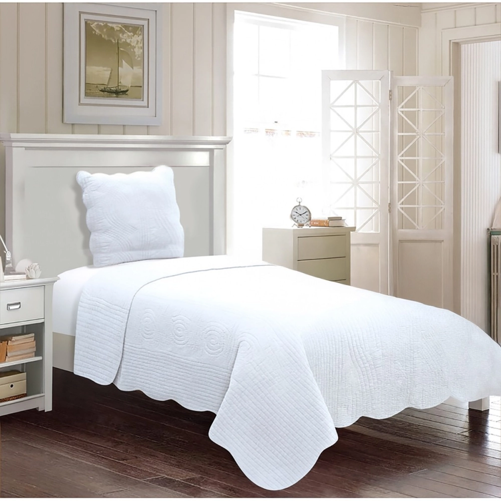 Couvre lit blanc 1 personne 180x240 cm + 1 taie 100% coton - Boutis lit simple ou Jeté de canapé