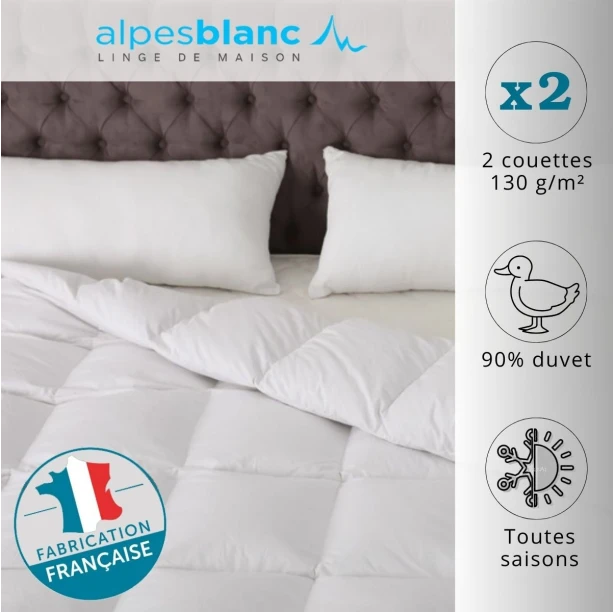 Couette naturelle 4 saisons Jumelable Fabriquée en France – 2 couettes duvet 130 g/m² - Légère, chaude et gonflante