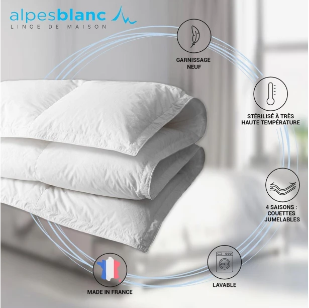 Couette naturelle 4 saisons Jumelable Fabriquée en France – 2 couettes duvet 130 g/m² - Légère, chaude et gonflante