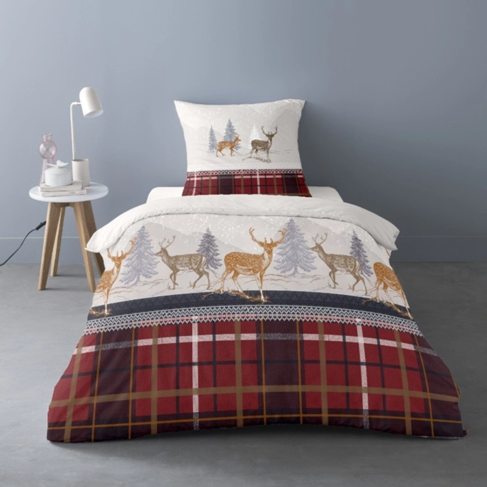 Housse de couette Formigal 140x200 cm + 1 taie - 100% coton flanelle chaud - Motif cerfs & carreaux rouges - Ambiance chalet