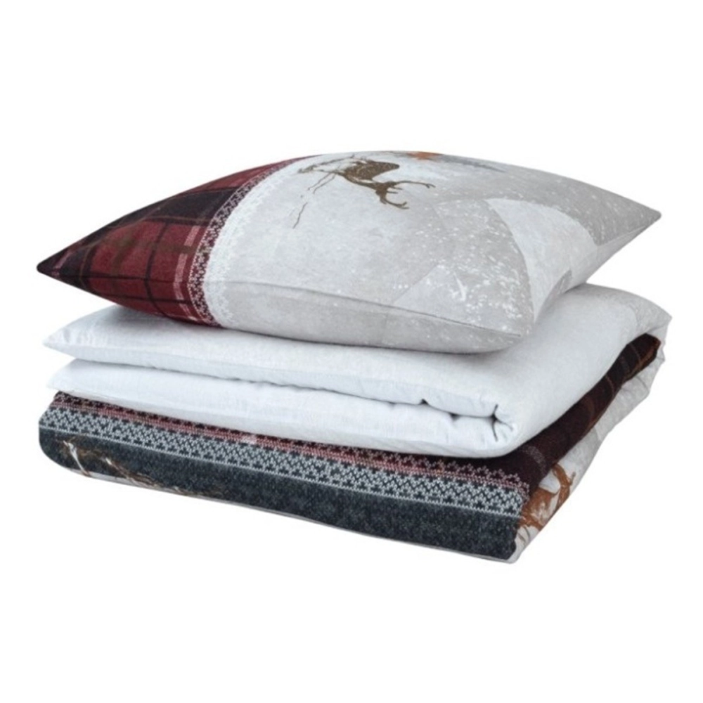 Housse de couette Formigal 140x200 cm + 1 taie - 100% coton flanelle chaud - Motif cerfs & carreaux rouges - Ambiance chalet