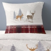 Housse de couette Formigal 140x200 cm + 1 taie - 100% coton flanelle chaud - Motif cerfs & carreaux rouges - Ambiance chalet
