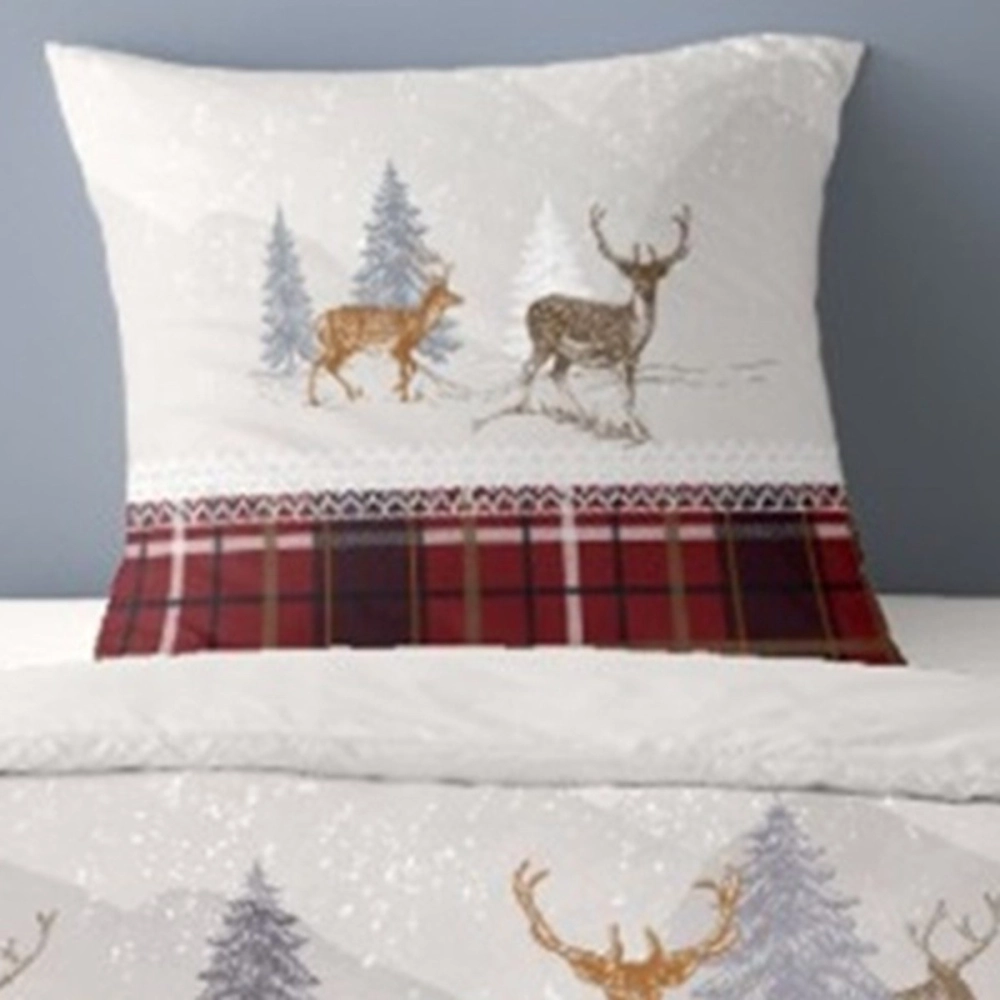 Housse de couette Formigal 140x200 cm + 1 taie - 100% coton flanelle chaud - Motif cerfs & carreaux rouges - Ambiance chalet