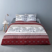 Housse de couette Navacerrada 220x240 cm 100 % flanelle de coton + 2 taies - Dessin chalet montagne rouge et gris