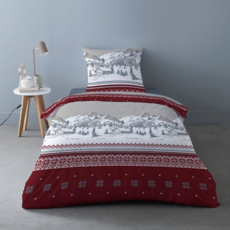 Housse de couette Flanelle 1 place Navacerrada, dessin chalets et montagnes royge et gris