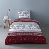 Housse de couette Flanelle 1 place Navacerrada, dessin chalets et montagnes royge et gris