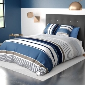 Housse de couette BELIZE à rayures bleues, taupes et blanches 220x240 cm + 2 taies carrées - 100 % coton 57 fils