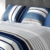Housse de couette BELIZE à rayures bleues, taupes et blanches 220x240 cm + 2 taies carrées - 100 % coton 57 fils