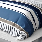 Housse de couette BELIZE à rayures bleues, taupes et blanches 220x240 cm + 2 taies carrées - 100 % coton 57 fils