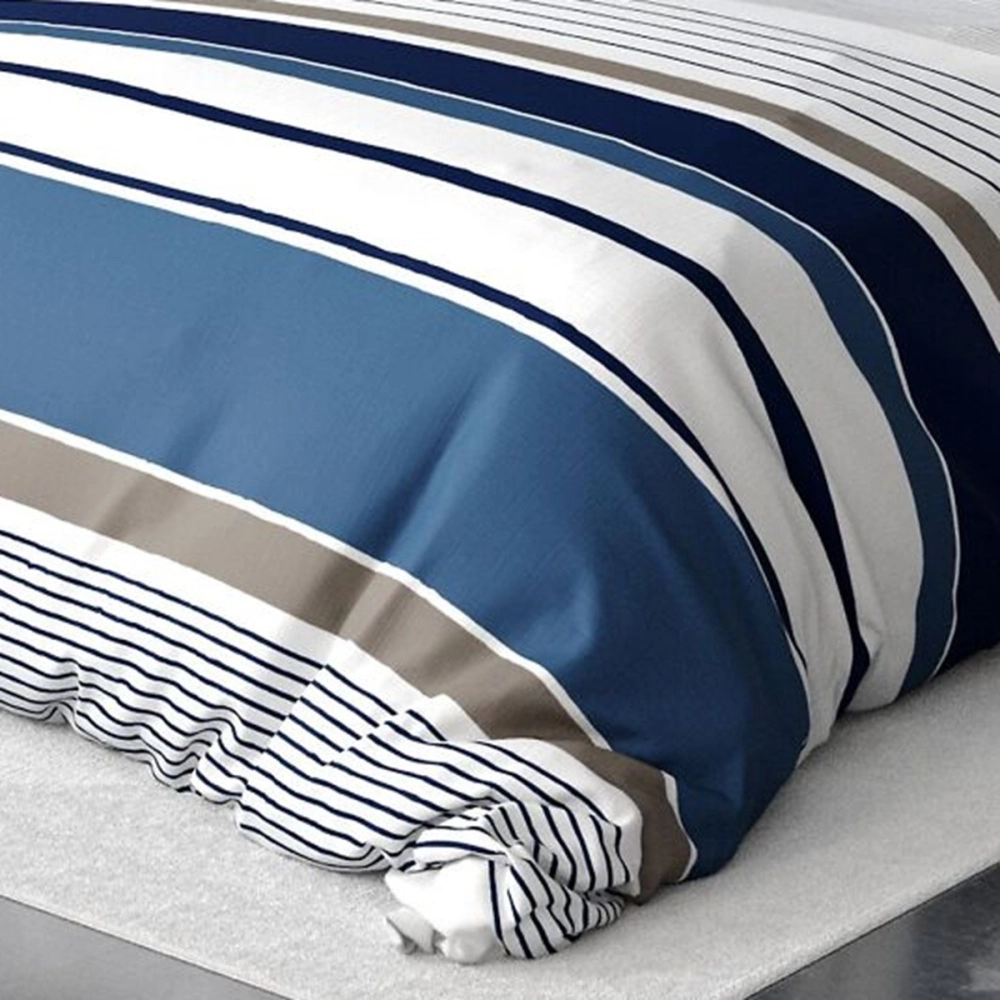Housse de couette BELIZE à rayures bleues, taupes et blanches 220x240 cm + 2 taies carrées - 100 % coton 57 fils