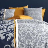 Housse de couette ARABESQUE 220x240 cm + 2 taies 100% coton 57 fils - Ornements bleu marine, gris et jaune safran