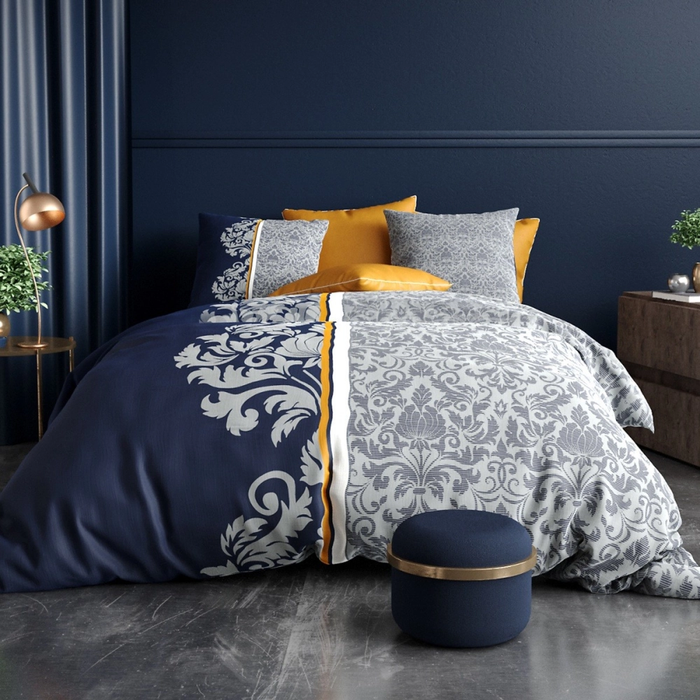Housse de couette ARABESQUE 220x240 cm + 2 taies 100% coton 57 fils - Ornements bleu marine, gris et jaune safran