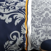 Housse de couette ARABESQUE 220x240 cm + 2 taies 100% coton 57 fils - Ornements bleu marine, gris et jaune safran