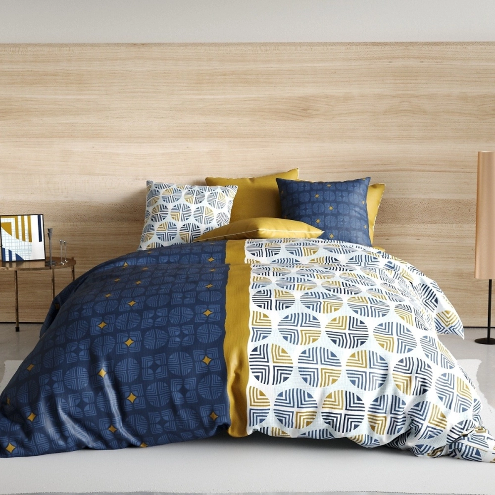 Housse de couette 220x240 cm Sirius 100% coton + 2 taies - Motifs géométriques modernes bleu nuit, ocre et blanc