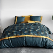 Housse de couette GINKO pur coton 57 fils - Parure de lit bleu minéral et dorée avec 2 taies d'oreiller - Finition boutons