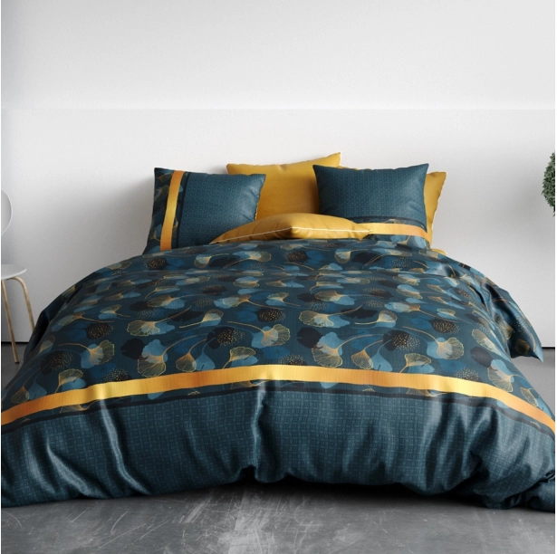 Housse de couette GINKO pur coton 57 fils - Parure de lit bleu minéral et dorée avec 2 taies d'oreiller - Finition boutons