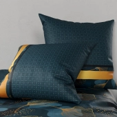 Housse de couette GINKO pur coton 57 fils - Parure de lit bleu minéral et dorée avec 2 taies d'oreiller - Finition boutons