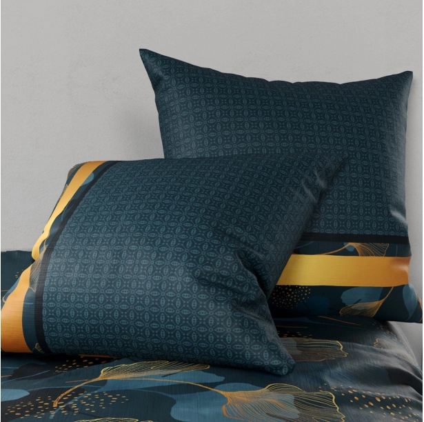 Housse de couette GINKO pur coton 57 fils - Parure de lit bleu minéral et dorée avec 2 taies d'oreiller - Finition boutons