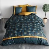 Housse de couette GINKO pur coton 57 fils - Parure de lit bleu minéral et dorée avec 2 taies d'oreiller - Finition boutons