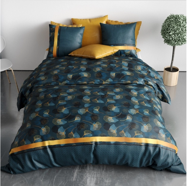 Housse de couette GINKO pur coton 57 fils - Parure de lit bleu minéral et dorée avec 2 taies d'oreiller - Finition boutons