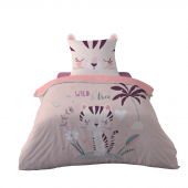 Housse de couette katie rose, esprit jungle sur fond rose, motif chat, sur lit fond blanc 140x200cm +1taies